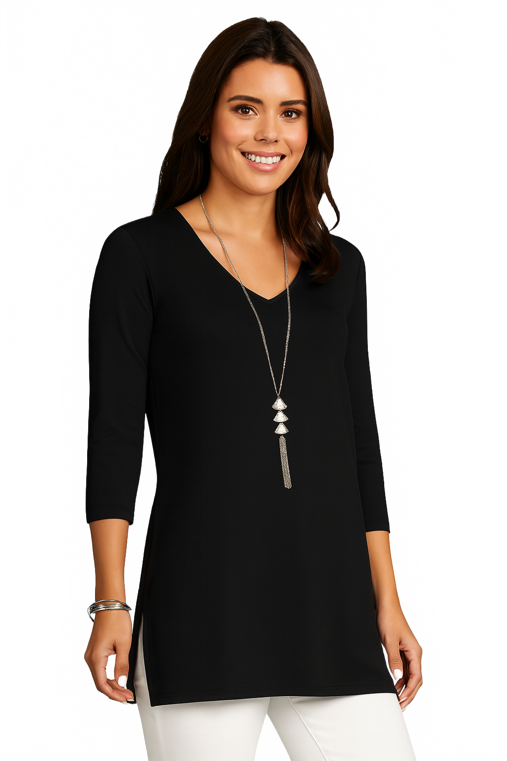 Black V-Neck 3/4 Sleeve Tunic Top Front View - Wrinkle-Free Travel Clothing | JudyP Apparel
