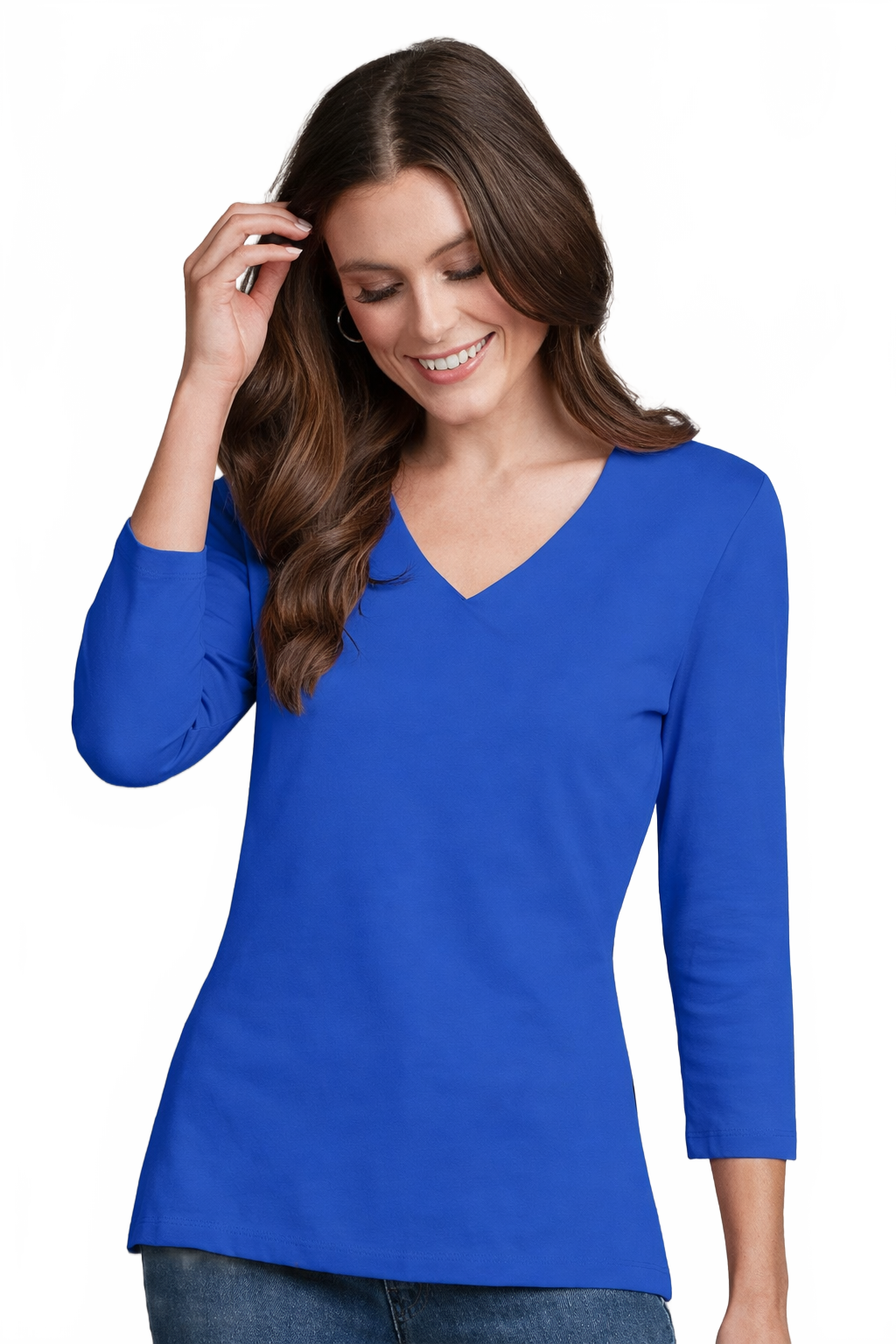 Bright Royal V-Neck 3/4 Sleeve Tunic Front View - Flattering Fit | JudyP Apparel