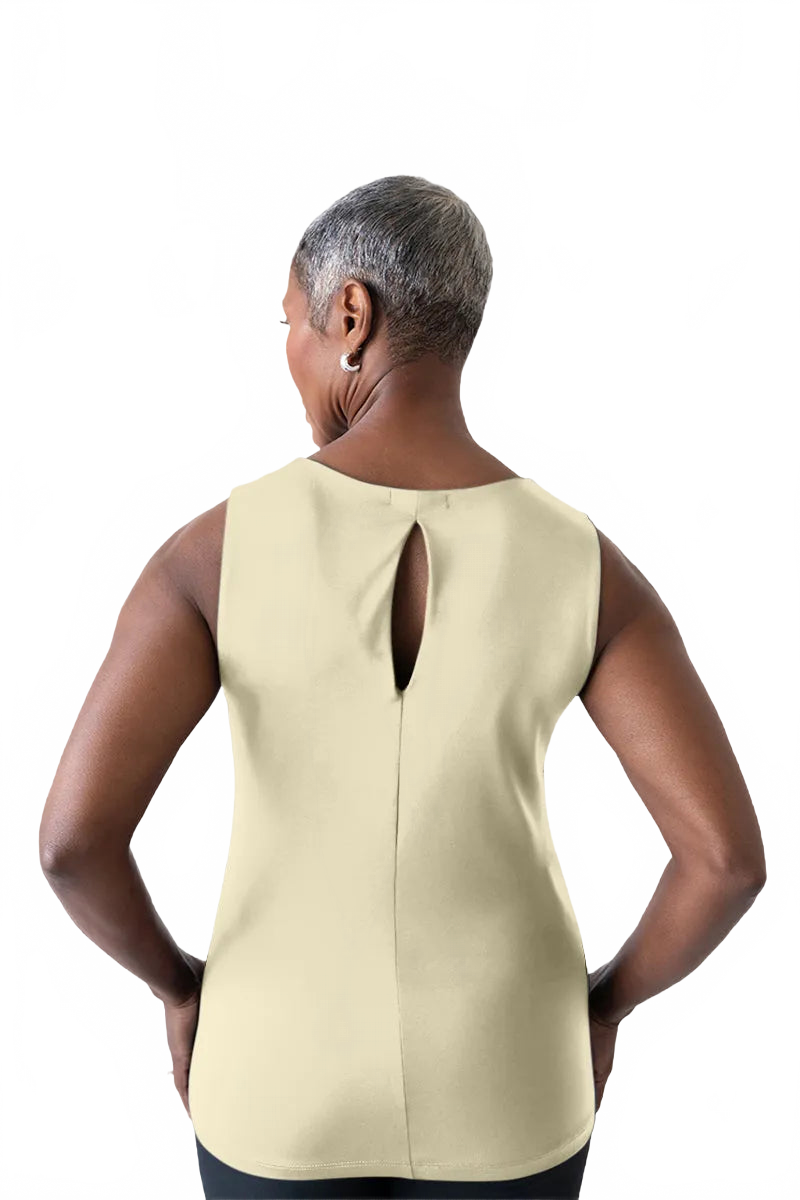 Cream V-Neck Sleeveless Top Back View - Made in USA Moisture Wicking Elevated Basic | JudyP Apparel