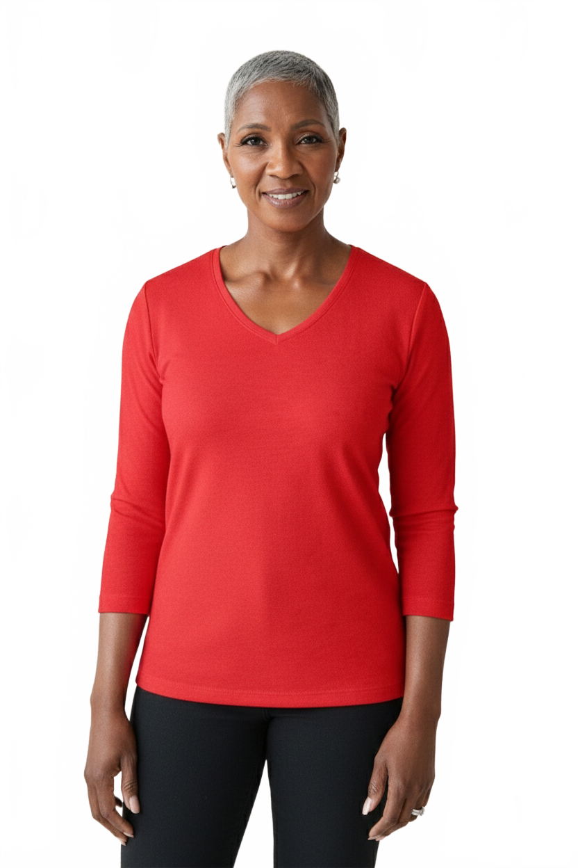 Razzmatazz V-Neck 3/4 Sleeve Top Front View - Flattering Fit Made in USA | JudyP Apparel