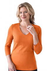Tangerine V-Neck 3/4 Sleeve Top Front View - Travel Clothing | JudyP Apparel