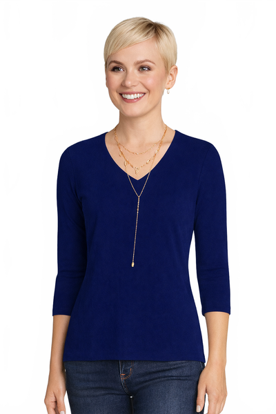 Royal Blue V-Neck 3/4 Sleeve Top - Wrinkle-Free Elevated Basic Machine Washable Travel Clothing | JudyP Apparel