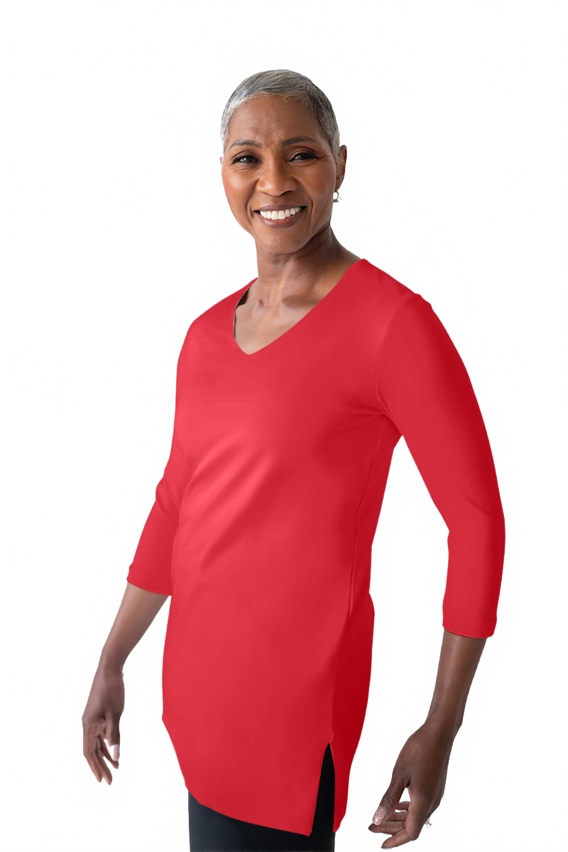 Red V-Neck 3/4 Sleeve Tunic Top Angled Front View - Flattering Fit Made in USA | JudyP Apparel