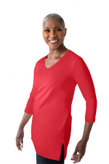 Red V-Neck 3/4 Sleeve Tunic Top Angled Front View - Flattering Fit Made in USA | JudyP Apparel