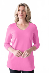 Fuchsia V-Neck 3/4 Sleeve Tunic Front View - Travel Clothing | JudyP Apparel