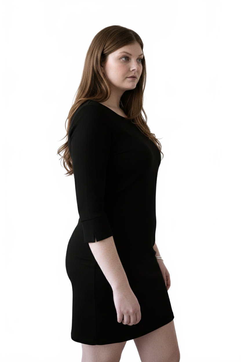 Black Boatneck 3/4 Sleeve Dress Side Profile View - Flattering Fit Travel Clothing | JudyP Apparel