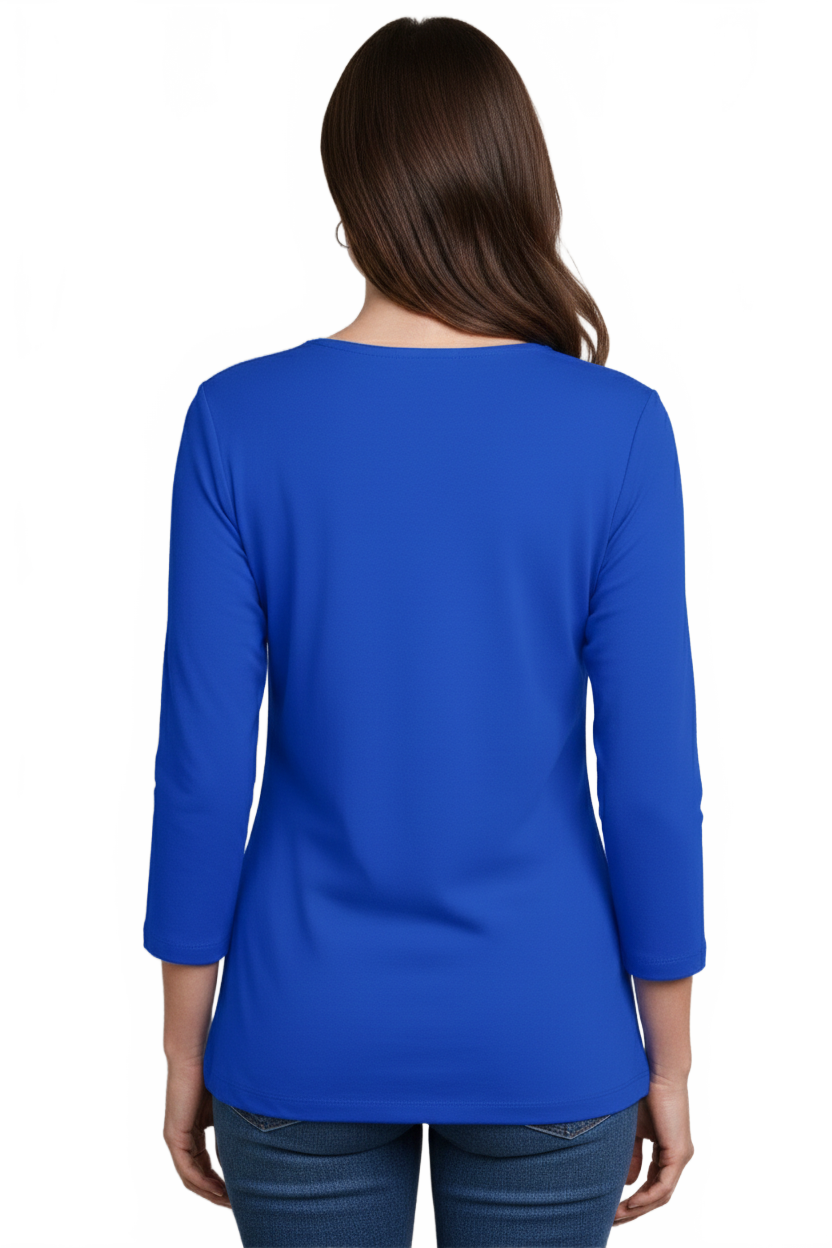 Bright Royal V-Neck 3/4 Sleeve Top Back View - Made in USA | JudyP Apparel