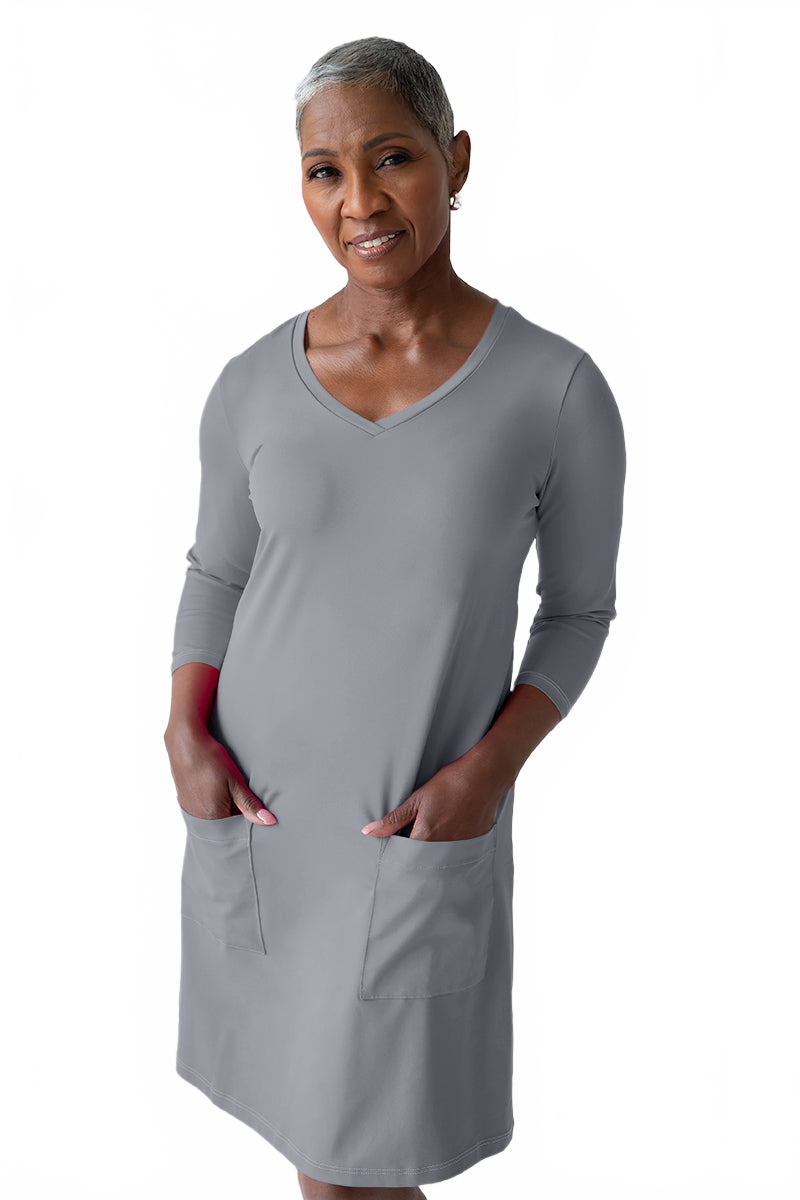 Oatmeal Crewneck 3/4 Sleeve Dress Front View - Flattering Fit | JudyP Apparel