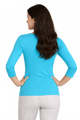 Turquoise Scoop Neck 3/4 Sleeve Top Back View - Travel Clothing | JudyP Apparel