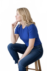 Mazarine Blue Crewneck Short Sleeve Top Seated Side View - Flattering Fit Wrinkle-Free Travel Clothing | JudyP Apparel