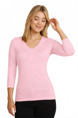 Blush V-Neck 3/4 Sleeve Top Front View - Wrinkle-Free Made in USA | JudyP Apparel