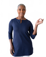 Navy Split-Neck 3/4 Sleeve Tunic Front View - Elevated Basic | JudyP Apparel