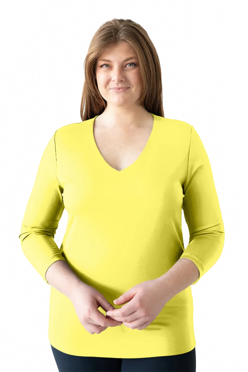 Chartreuse V-Neck 3/4 Sleeve Top Front View - Travel Clothing | JudyP Apparel