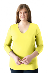Chartreuse V-Neck 3/4 Sleeve Top Front View - Travel Clothing | JudyP Apparel