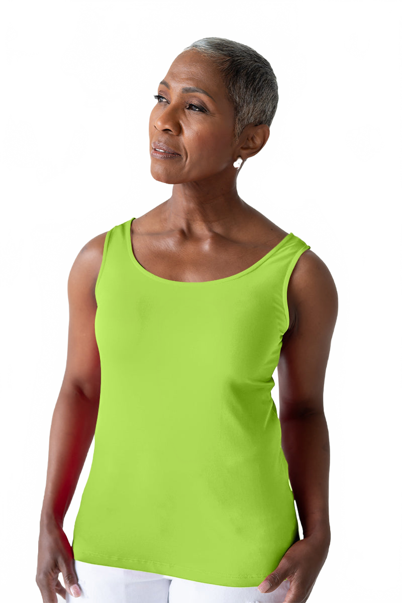 Chartreuse Scoop Neck Sleeveless Top Angled View - Flattering Fit | JudyP Apparel