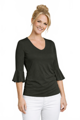 Black V-Neck 3/4 Sleeve Top Front View - UPF 50 | JudyP Apparel