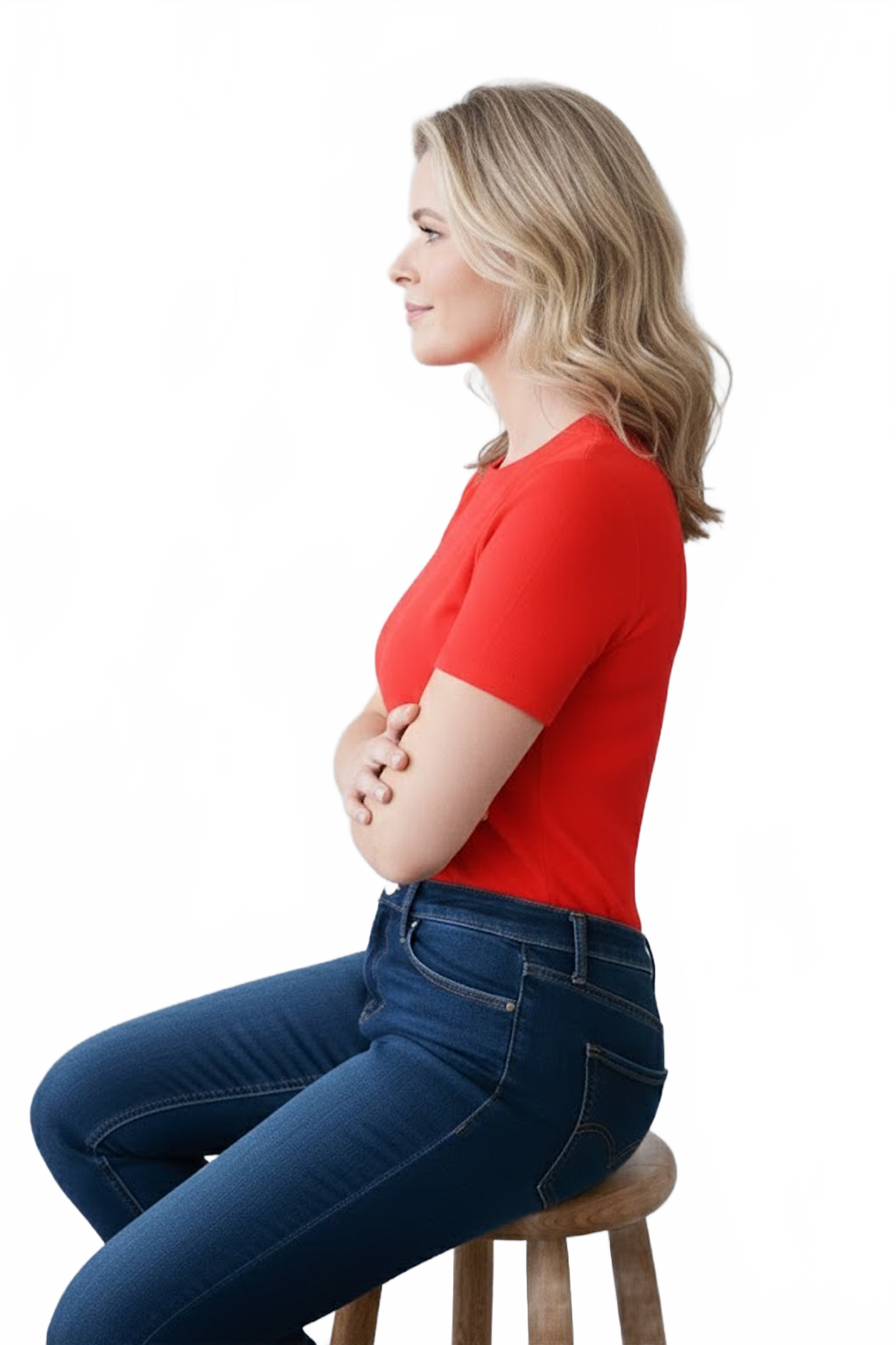 Razzmatazz Red Crewneck Short Sleeve Top Seated Side View - Flattering Fit Wrinkle-Free Travel Clothing | JudyP Apparel
