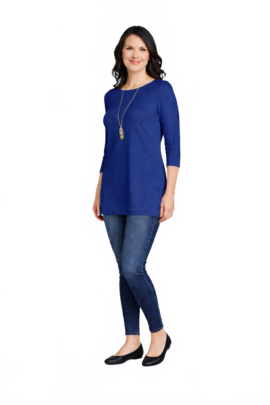 Mazarine Crewneck 3/4 Sleeve Tunic Full Length View - Moisture Wicking | JudyP Apparel