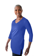 Royal Blue V-Neck 3/4 Sleeve Tunic Top Angled Front View - Wrinkle-Free Elevated Basic | JudyP Apparel