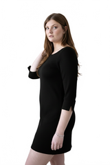 Black Boatneck 3/4 Sleeve Dress Angled Side View - Wrinkle-Free Elevated Basic | JudyP Apparel