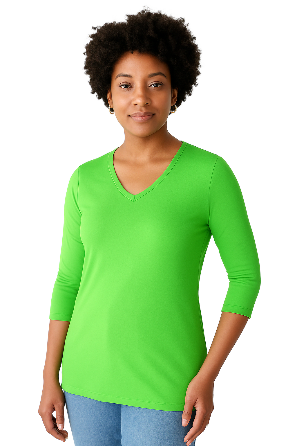 Fern V-Neck 3/4 Sleeve Top Front View - Machine Washable | JudyP Apparel