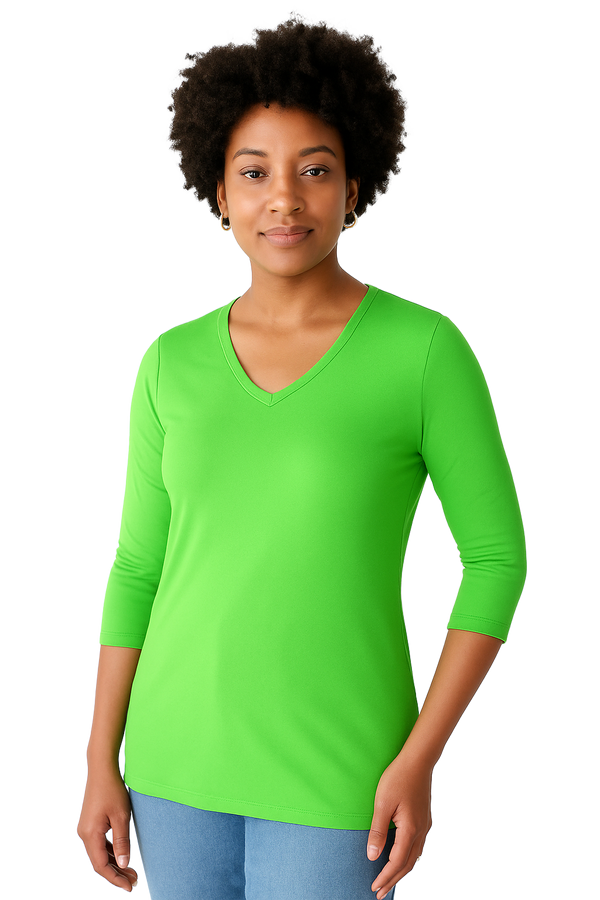 Fern V-Neck 3/4 Sleeve Top Front View - Machine Washable | JudyP Apparel