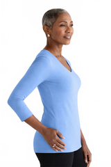 Cerulean V-Neck 3/4 Sleeve Top Side Profile - Flattering Fit | JudyP Apparel
