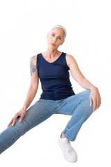 Navy Scoop Neck Sleeveless Top Seated View - Wrinkle-Free Travel Clothing | JudyP Apparel