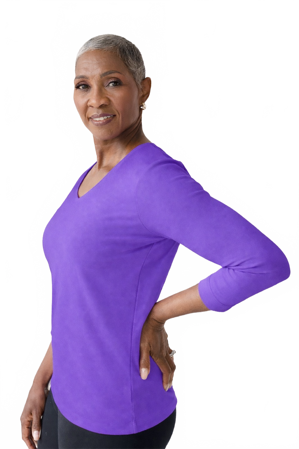 Imperial Purple V-Neck 3/4 Sleeve Top Angled View - UPF 50 Elevated Basic | JudyP Apparel