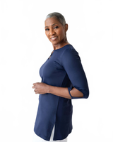 Navy Crewneck 3/4 Sleeve Tunic Side Profile - UPF 50 | JudyP Apparel