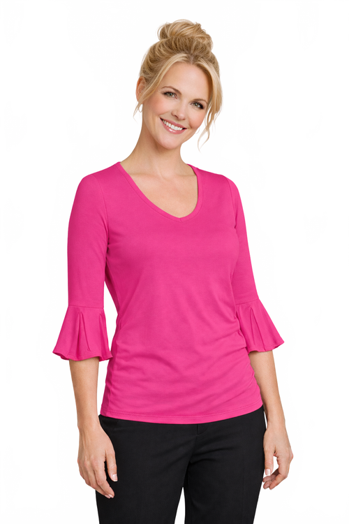 Bougainvillea V-Neck 3/4 Sleeve Top Front View - Travel Clothing | JudyP Apparel
