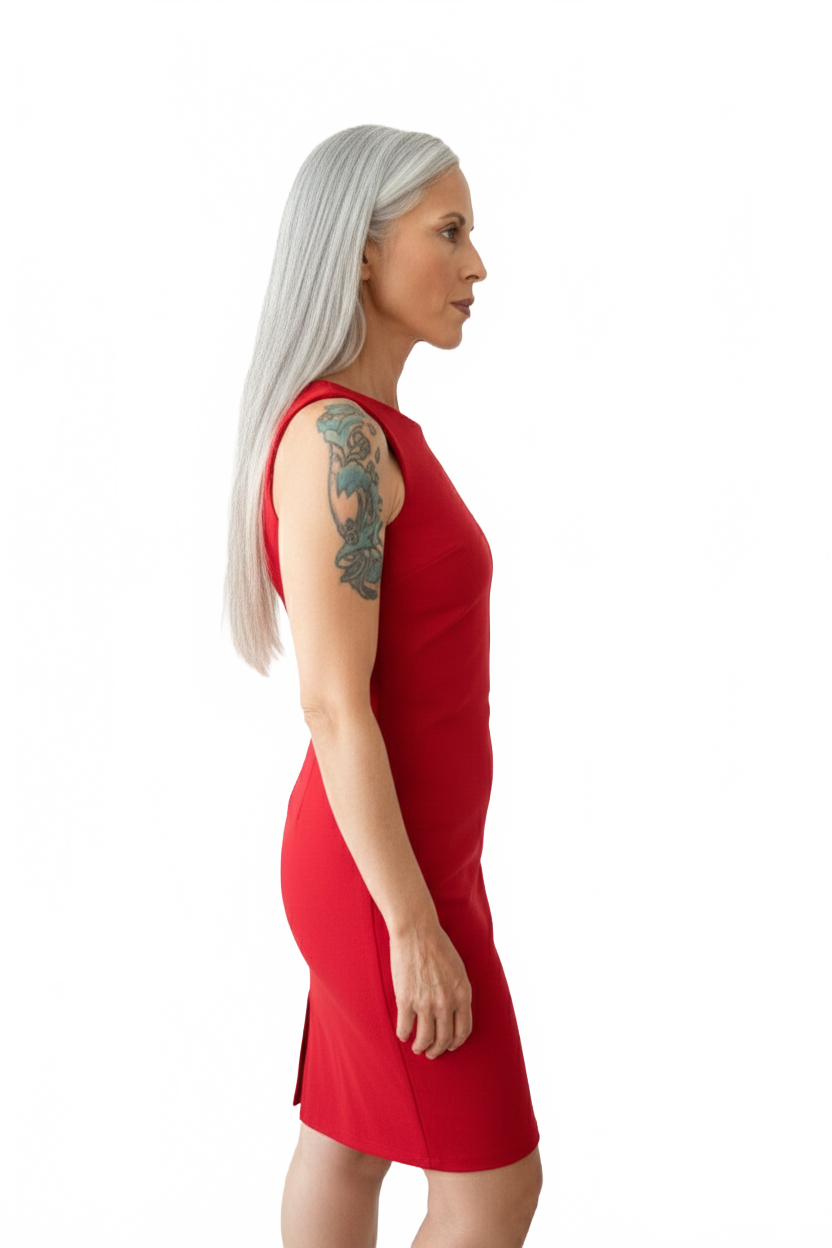 Red Boatneck Sleeveless Dress Side Profile View - UPF 50 Elevated Basic | JudyP Apparel