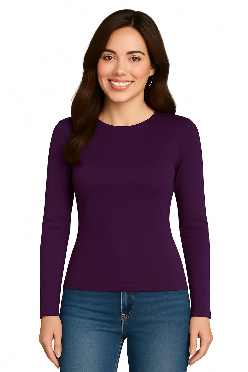 Plum Crewneck Long Sleeve Top Front View - Moisture Wicking Travel Clothing | JudyP Apparel