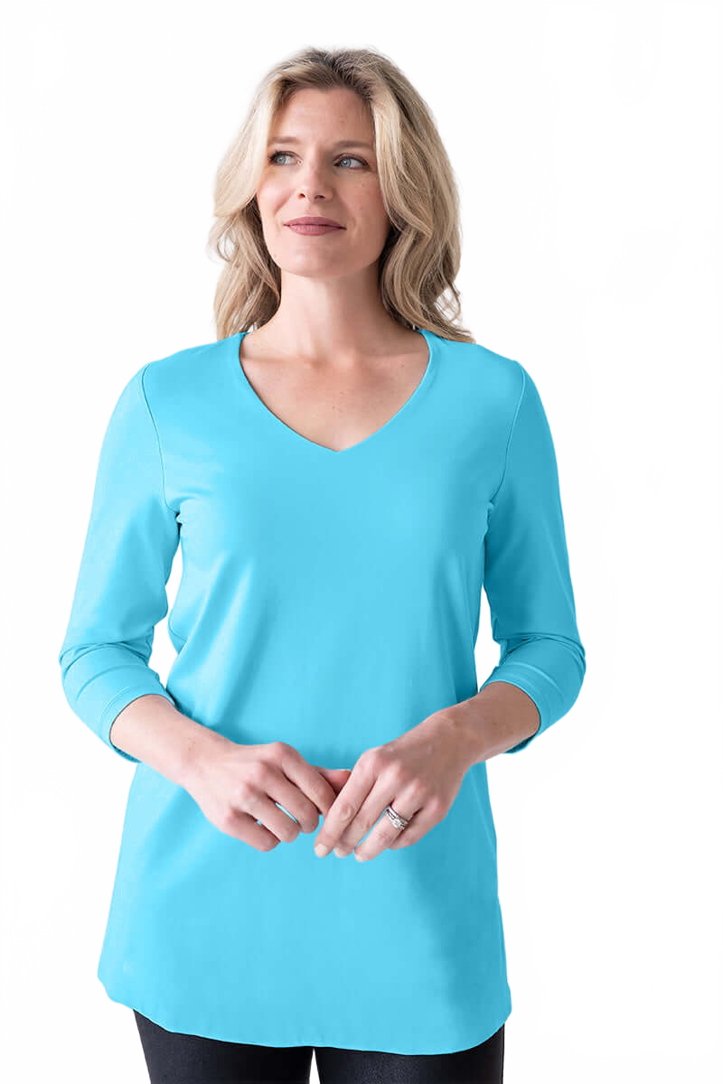 Turquoise V-Neck 3/4 Sleeve Tunic Front View - Wrinkle-Free | JudyP Apparel