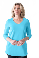 Turquoise V-Neck 3/4 Sleeve Tunic Front View - Wrinkle-Free | JudyP Apparel