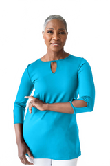Turquoise Keyhole Neck 3/4 Sleeve Tunic Front View - Wrinkle-Free | JudyP Apparel