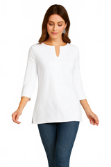 White V-Neck 3/4 Sleeve Tunic Front - Made in USA | JudyP Apparel