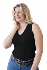 Black V-Neck Sleeveless Tank Top Angled Front View - Travel Clothing Moisture Wicking | JudyP Apparel