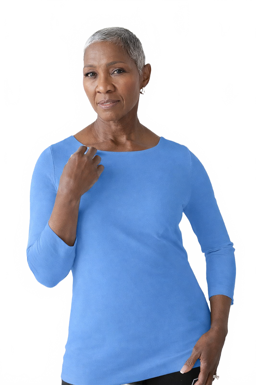 Cerulean Boatneck 3/4 Sleeve Top Front View - Machine Washable Made in USA | JudyP Apparel