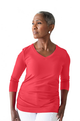 Razzmatazz V-Neck 3/4 Sleeve Top Angled View - Wrinkle-Free | JudyP Apparel