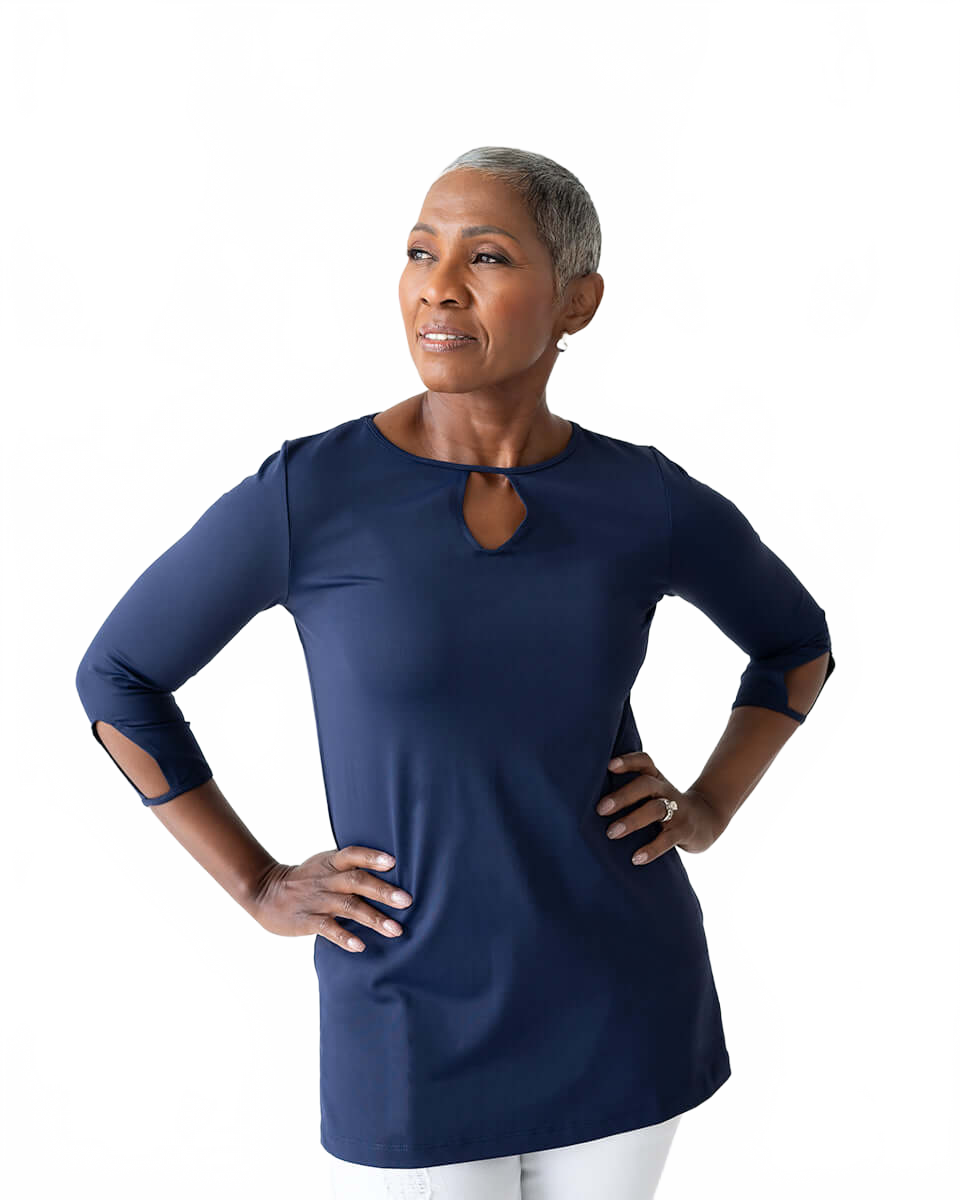 Navy Keyhole Neck 3/4 Sleeve Tunic Front View - Wrinkle-Free | JudyP Apparel