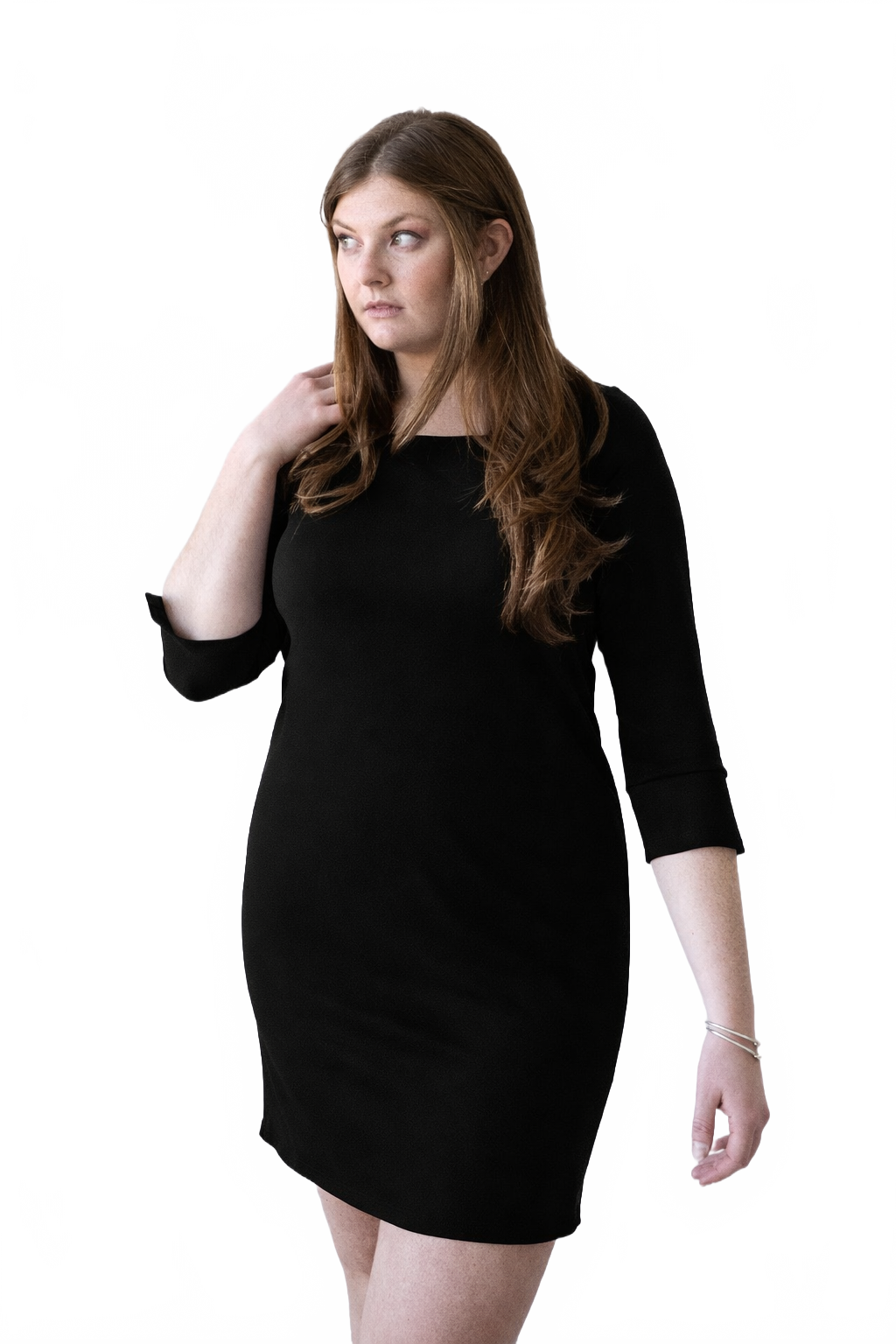 Black Boatneck 3/4 Sleeve Dress Angled Front View - Machine Washable Flattering Fit | JudyP Apparel