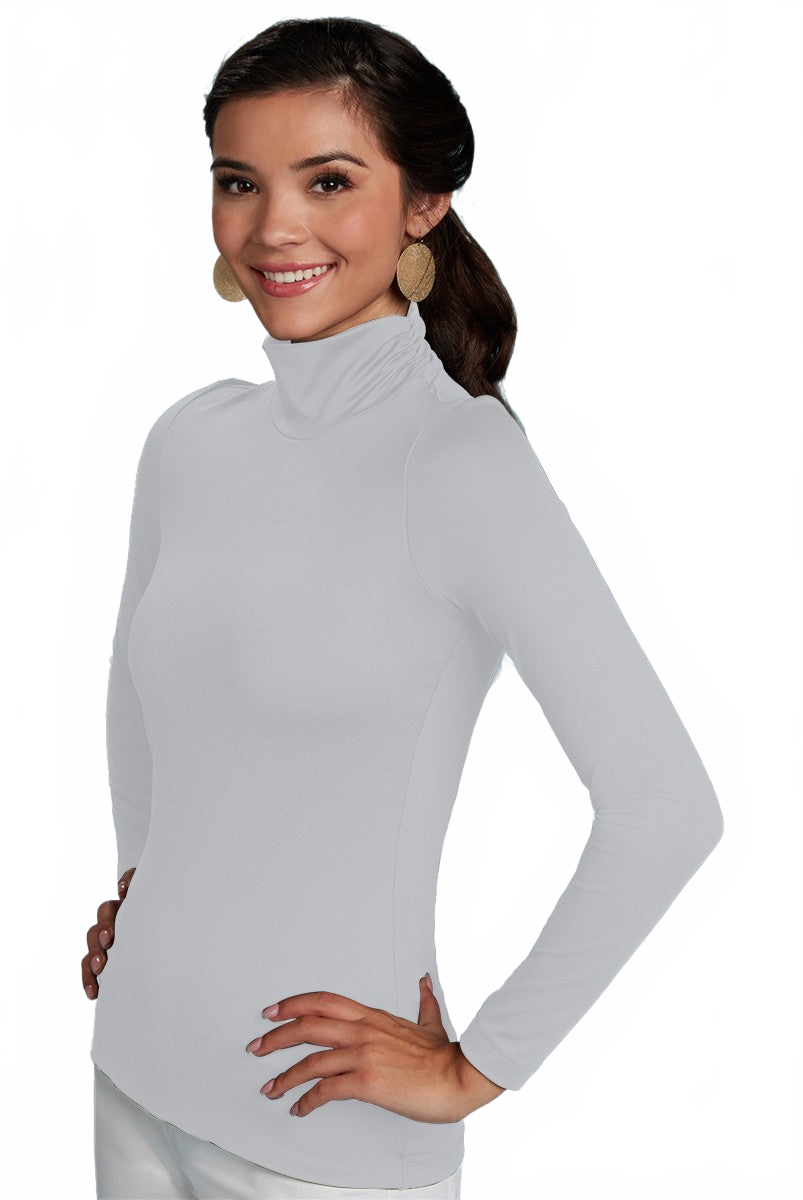 Silver Turtleneck Long Sleeve Top Angled View - Travel Clothing | JudyP Apparel