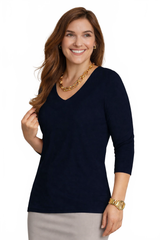 Navy V-Neck 3/4 Sleeve Top - Wrinkle-Free Elevated Basic Machine Washable Travel Clothing | JudyP Apparel