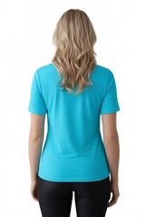 Cerulean Blue Crewneck Short Sleeve Top Back View - Wrinkle-Free Machine Washable Travel Clothing | JudyP Apparel