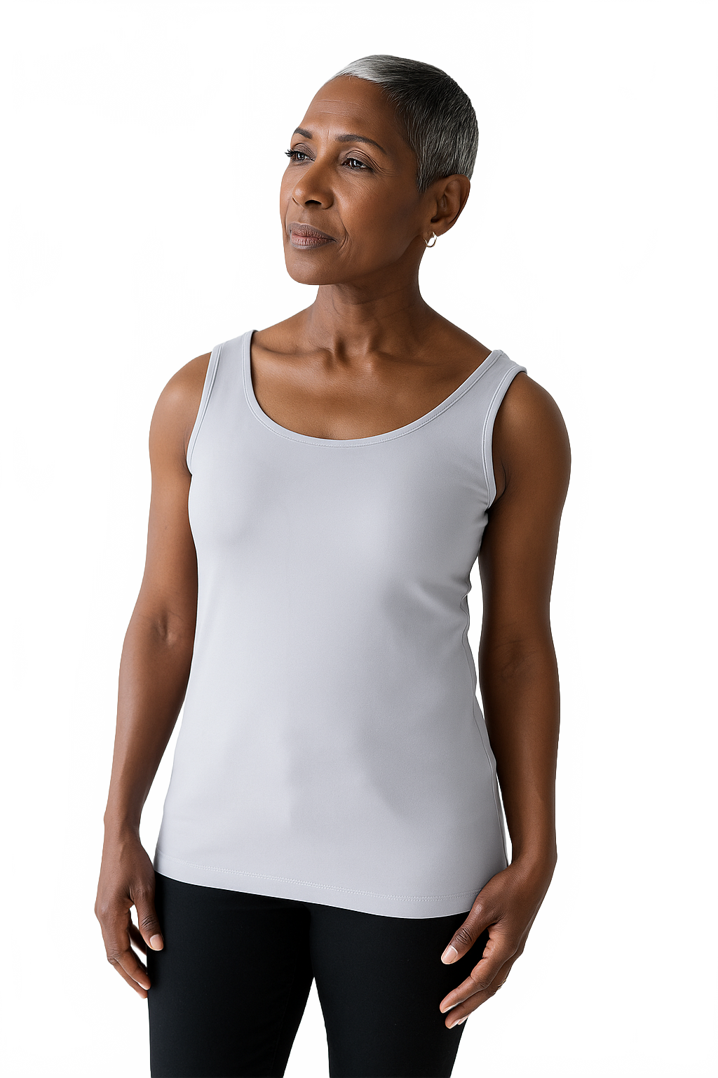 Pearl Scoop Neck Sleeveless Tank Top Angled View - Flattering Fit | JudyP Apparel