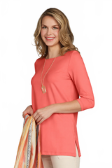 Coral Crewneck 3/4 Sleeve Tunic Front View - Travel Clothing | JudyP Apparel
