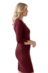Burgundy V-Neck 3/4 Sleeve Dress Side Profile View - Travel Clothing Moisture Wicking | JudyP Apparel