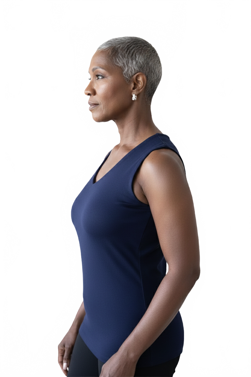 Navy Scoop Neck Sleeveless Tank Top Side Profile View - UPF 50 Elevated Basic | JudyP Apparel