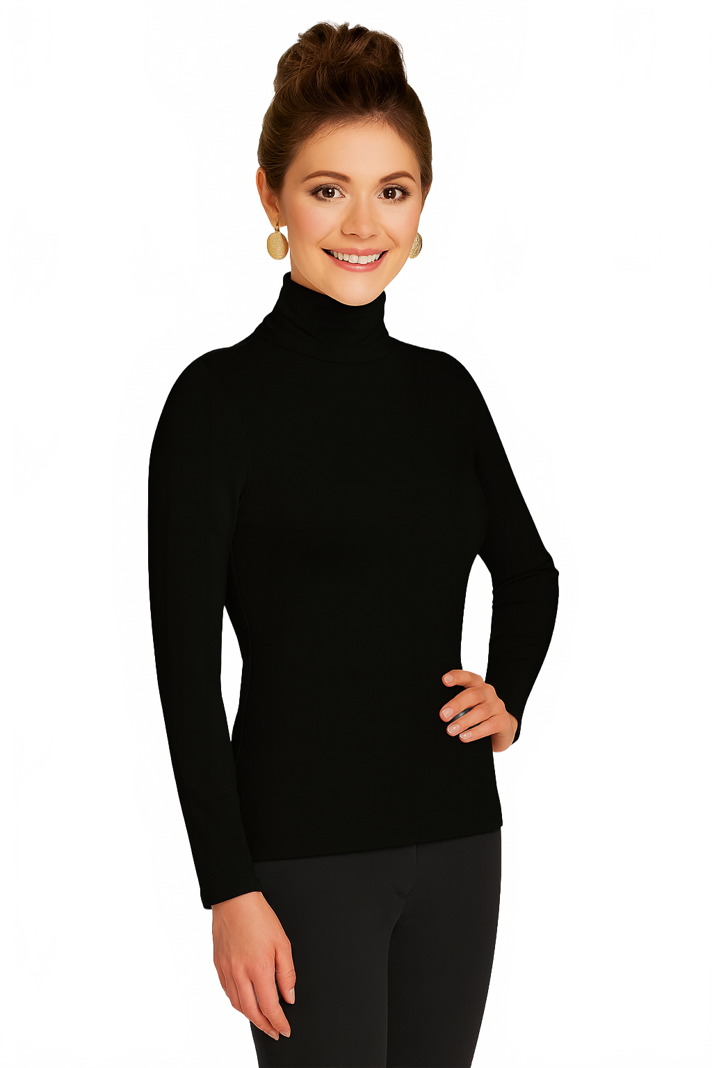 Black Turtleneck Long Sleeve Top Front View - Flattering Fit | JudyP Apparel